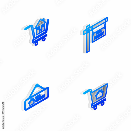 Set Isometric line Hanging sign with For Rent, Shopping cart house, Sale and icon. Vector © vector_v
