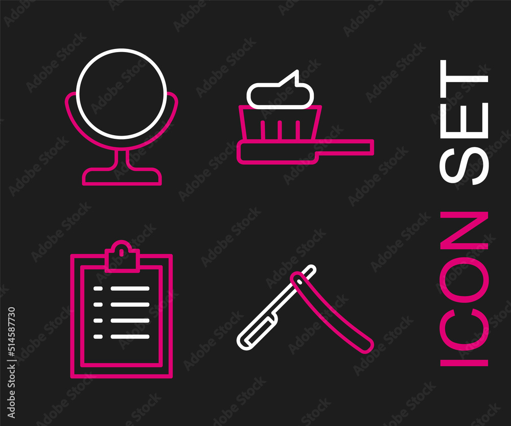 Set line Straight razor, Clipboard with checklist, Toothbrush toothpaste and Round makeup mirror icon. Vector Set line Straight razor, Clipboard with checklist, Toothbrush toothpaste and Round makeup mirror icon. Vector