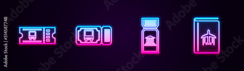 Set line Bus ticket, , Museum and Cover book travel guide. Glowing neon icon. Vector