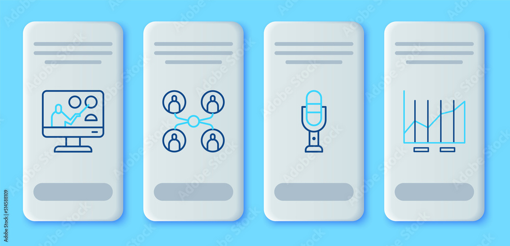 Set line Online class, Microphone, education and Pie chart infographic icon. Vector