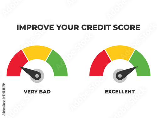 Credit score gauge with levels very bad and excelent vector illustration photo