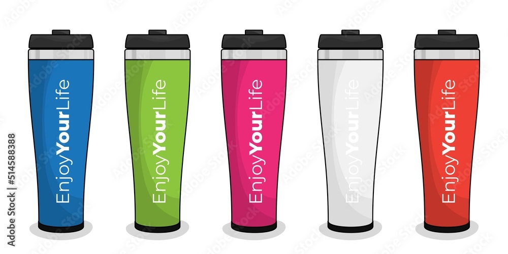 Vacuum flask or thermos in cup design with blue green pink white and orange color design Vacuum flask or thermos in cup design with blue green pink white and orange color design