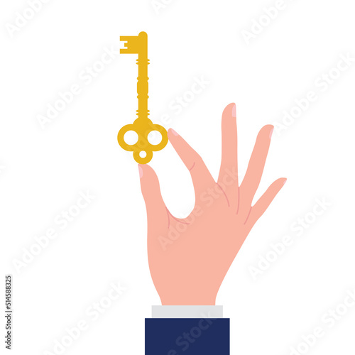 Hand holding golden key vector illustration. Key takeaways design concept