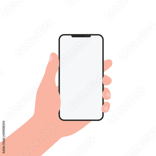 Hand holding smart phone flat design icon. Vector illustration. Phone mockup element