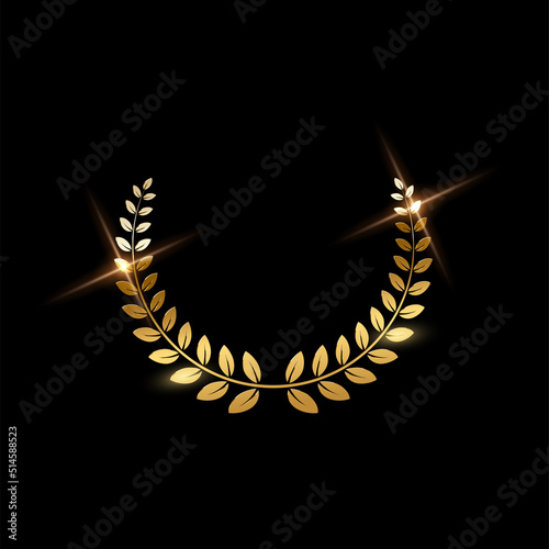 Gold shiny circle laurel wreath vector illustration. Golden shining round badge prize for winner, award trophy nominee luxury symbol, nomination reward emblem on black background photo