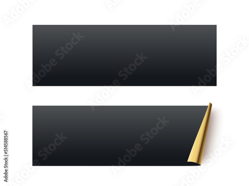 Black glued rectangle stickers with gold curling edge. 3d blank paper label vector illustration. Badge with twisted edge on white background