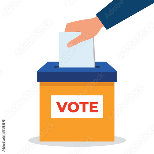 Hand puts vote bulletin into vote box. Flat presidential election and democracy political president, governor, or parliament member with election illustration vector