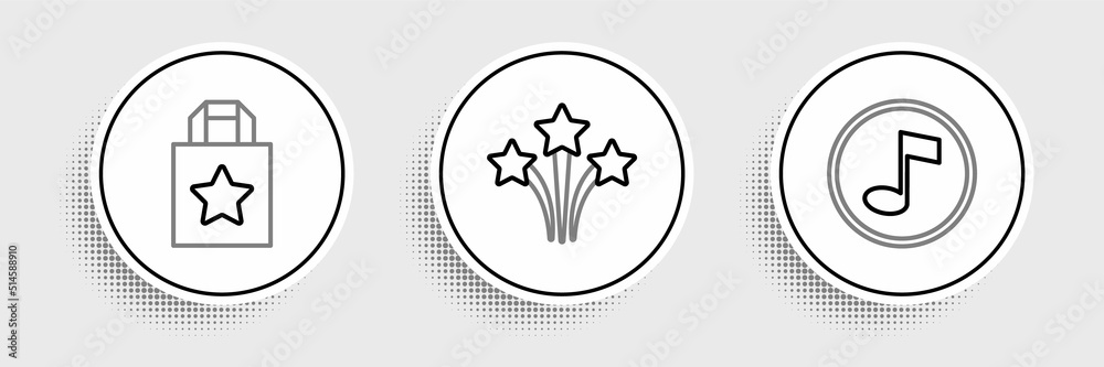 Set line Music note, tone, Paper shopping bag and Firework icon. Vector Set line Music note, tone, Paper shopping bag and Firework icon. Vector