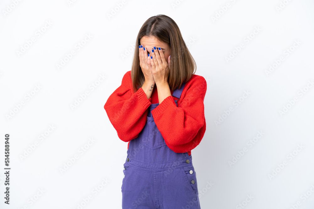 Young caucasian woman isolated on white background with tired and sick expression Young caucasian woman isolated on white background with tired and sick expression