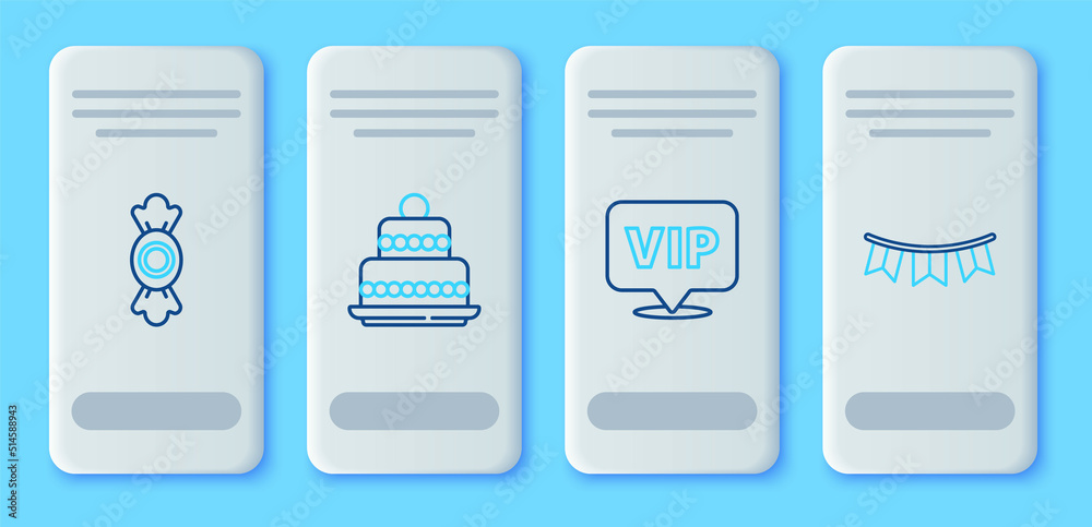 Set line Cake, Location Vip, Candy and Carnival garland with flags icon. Vector