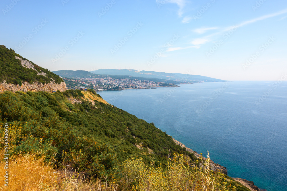 Summer landscape of Montenegro coastline. Dobra Voda resort in background. Summer landscape of Montenegro coastline. Dobra Voda resort in background.