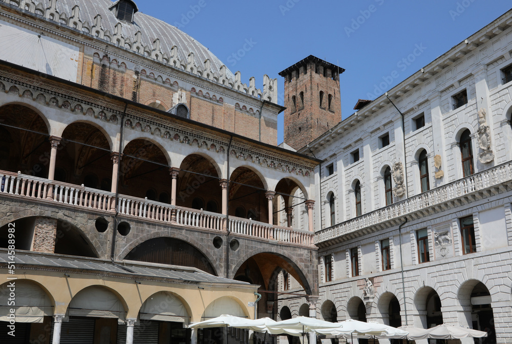Ancient landmarks in Padua in Italy called PALAZZO DELLA RAGIONE and the tower of Elderly