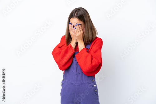 Young caucasian woman isolated on white background with tired and sick expression