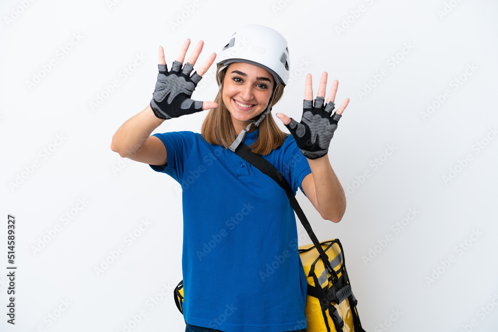Young caucasian woman with thermal backpack isolated on white background counting ten with fingers Young caucasian woman with thermal backpack isolated on white background counting ten with fingers