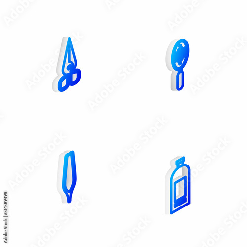 Set Isometric line Hairbrush, Scissors, Eyebrow tweezers and Bottle of shampoo icon. Vector