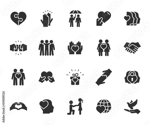 Vector set of friendship and love flat icons. Contains icons friend, relationship, buddy, understanding, trust, help, dove of peace, care and more. Pixel perfect.