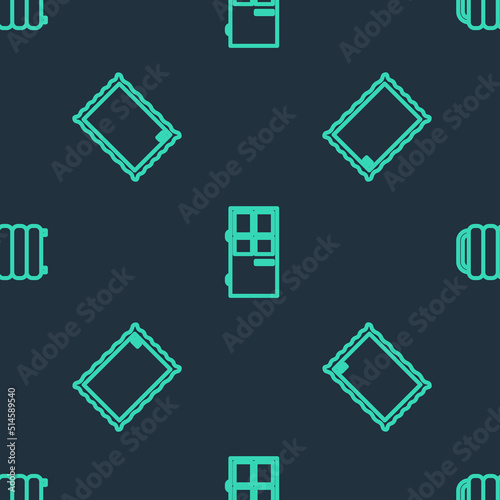 Set line Closed door, Picture and Heating radiator on seamless pattern. Vector