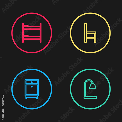 Set line Furniture nightstand, Table lamp, Chair and Bunk bed icon. Vector