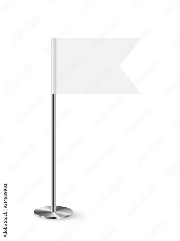 Obraz premium Empty flag on 3d metal pole vector illustration. Realistic steel or chrome cylinder pillar on base with fabric or paper horizontal blank template isolated on white background