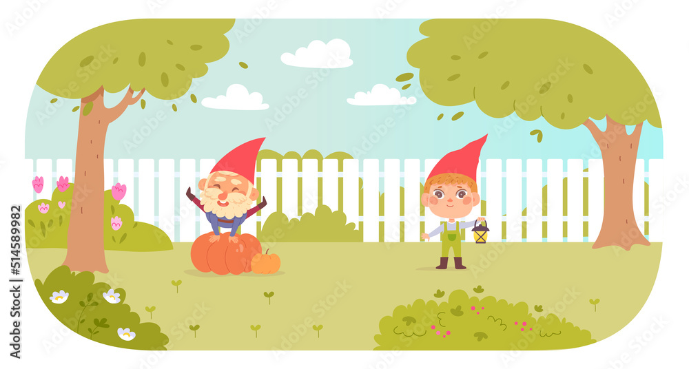 Fototapeta premium Garden gnomes characters playing fun game in yard, boy holding lantern, old man jumping