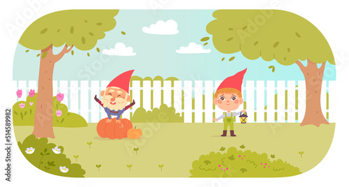 Garden gnomes characters playing fun game in yard  boy holding lantern  old man jumping
