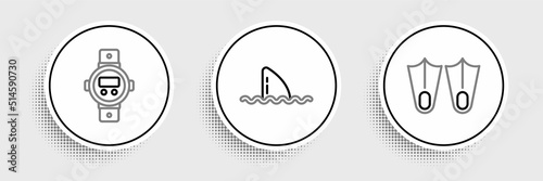 Set line Rubber flippers, Diving watch and Shark fin ocean wave icon. Vector