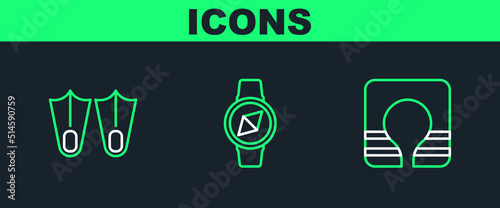 Set line Life jacket, Rubber flippers and Compass icon. Vector