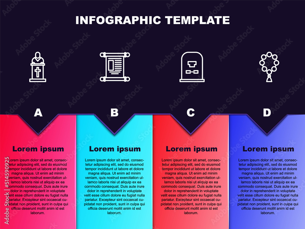 Set line Church pastor preaching, Decree, paper, parchment, scroll, Tombstone with RIP written and Rosary beads religion. Business infographic template. Vector Set line Church pastor preaching, Decree, paper, parchment, scroll, Tombstone with RIP written and Rosary beads religion. Business infographic template. Vector