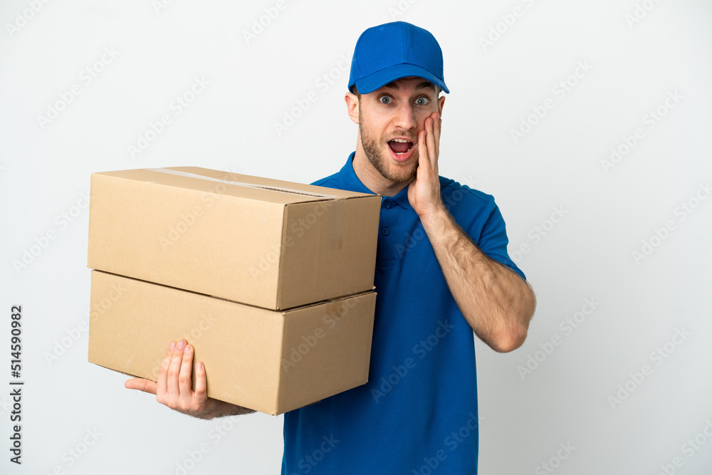 Delivery man over isolated white background with surprise and shocked facial expression Delivery man over isolated white background with surprise and shocked facial expression