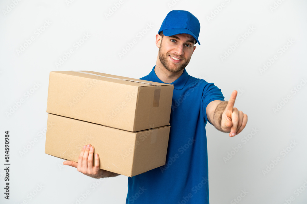 Delivery man over isolated white background showing and lifting a finger Delivery man over isolated white background showing and lifting a finger