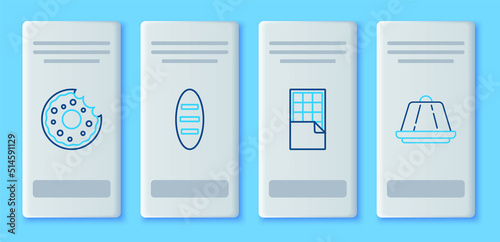 Set line Bread loaf, Chocolate bar, Donut and Pudding custard icon. Vector