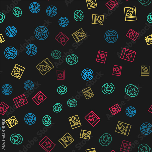 Set line Stop marijuana or cannabis leaf, Herbal ecstasy tablets, Plastic bag of and Book and on seamless pattern. Vector