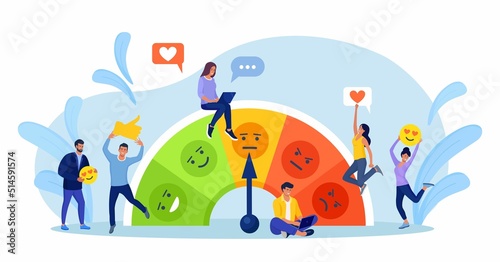 Customer Satisfaction Meter with Emotions Icons. Survey Clients, Customers Review Rating and Best Estimate of Performance. Concept of Client Feedback, Consumer Online report. User Experience