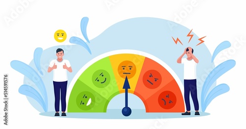 Stress level, mood scale. Man solves problems and reduces psychological pressure. Person tired because of emotional and work overload. Burnout and increased productivity. Depressed and mental illness