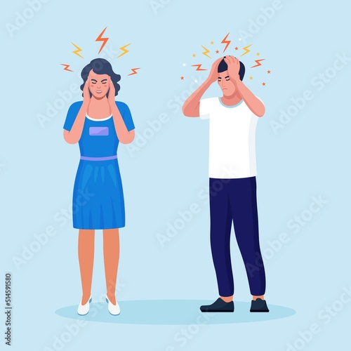 Sad woman and man with strong headache, tired and exhausted people holding head in hands. Migraine, chronic fatigue and nervous tension,  depression, stress or flu symptom