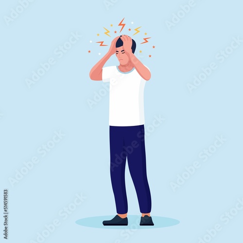 Sad man with strong headache, tired and exhausted person holding head in hands. Migraine, chronic fatigue and nervous tension,  depression, stress or flu symptom