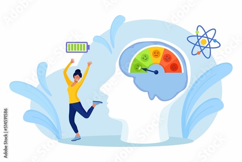 Low Stress level, good mood indicator. Energetic business woman jumping and dancing. Fully charged active girl. Mentally healthy employee. Professional productivity, motivation, enthusiasm