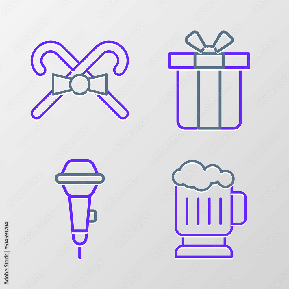 Set line Wooden beer mug, Microphone, Gift box and Christmas candy cane icon. Vector Set line Wooden beer mug, Microphone, Gift box and Christmas candy cane icon. Vector