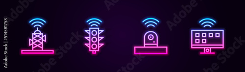 Set line Wireless antenna, Smart traffic light, security camera and Tv system. Glowing neon icon. Vector