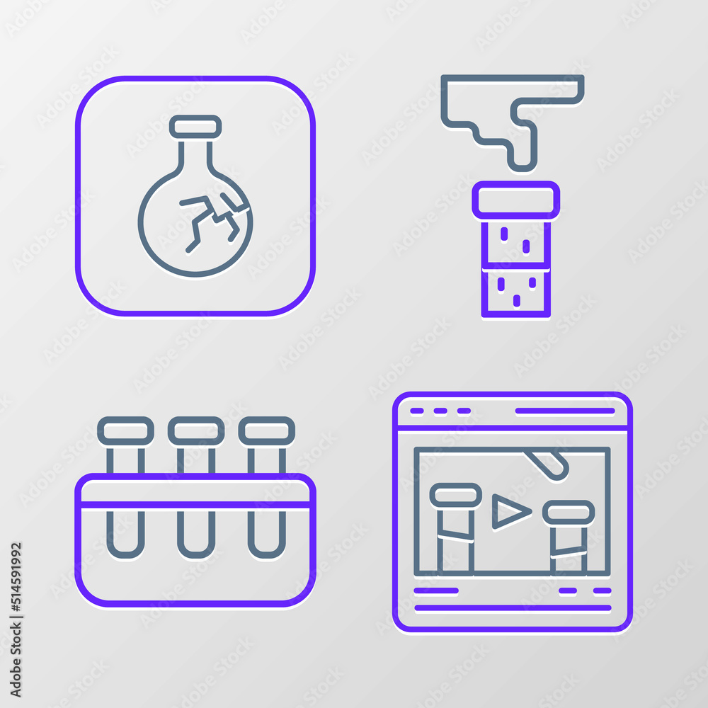 Set line Chemical online, Test tube and flask, and Cracked icon. Vector Set line Chemical online, Test tube and flask, and Cracked icon. Vector
