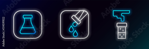 Set line Test tube and flask, and icon. Glowing neon. Vector