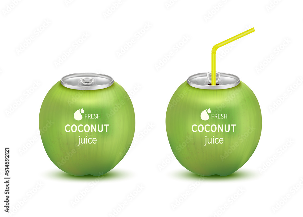 Fototapeta premium Fresh coconut juice soft drink with lid aluminum can and drinking straw. Isolated on a white background. Healthy fruit drink concept. Realistic 3D vector EPS10 illustration.
