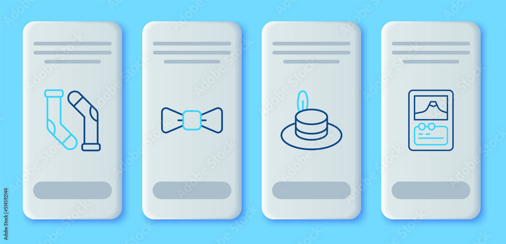 Set line Bow tie, Man hat, Socks and Card game icon. Vector