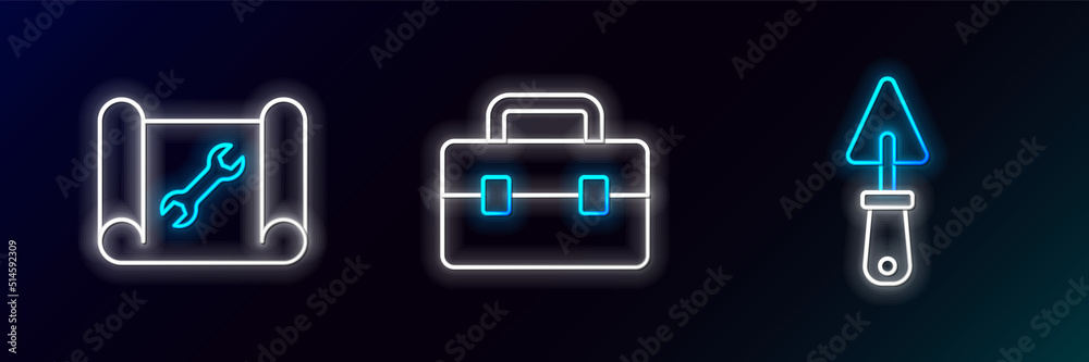 Set line Trowel, Graphing paper and wrench and Toolbox icon. Glowing neon. Vector Set line Trowel, Graphing paper and wrench and Toolbox icon. Glowing neon. Vector