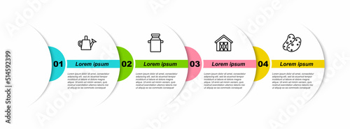 Set line Watering can, Can container for milk, Farm house and Potato. Business infographic template. Vector