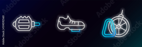 Set line Bicycle parking, pedal and shoes icon. Glowing neon. Vector