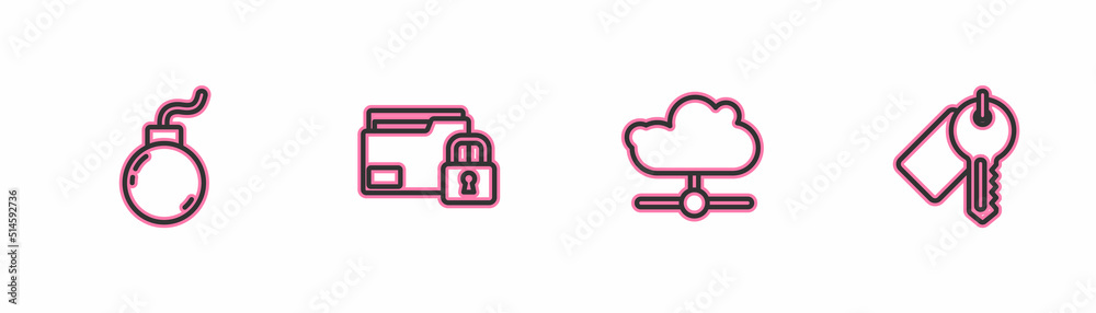 Set line Bomb ready to explode, Network cloud connection, Folder and lock and Marked key icon. Vector Set line Bomb ready to explode, Network cloud connection, Folder and lock and Marked key icon. Vector