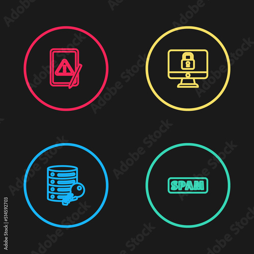 Set line Server security with key, Spam, Lock on computer monitor and Tablet exclamation mark icon. Vector