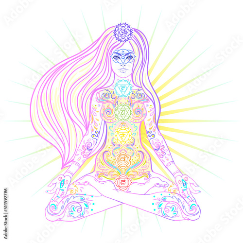 Young woman in lotus position. Chakras concept. Person doing yoga, decorative...