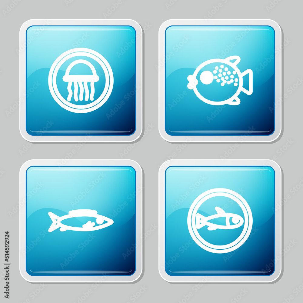Set line Jellyfish on a plate, Puffer, Fish and Served icon. Vector